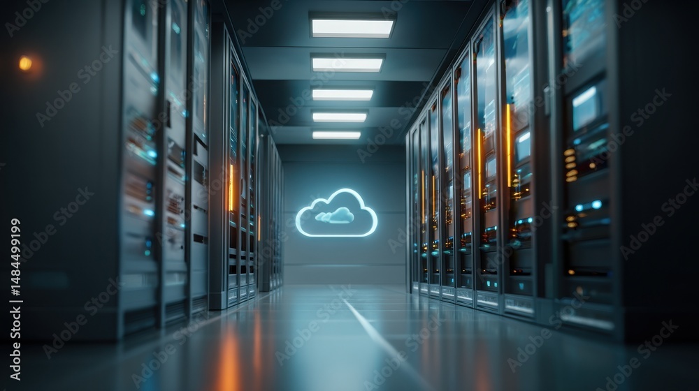 Poster Server Room With Glowing Cloud Symbol Representing Cloud Computing and Data Storage, Ideal for Illustrating Technology Solutions and Modern Infrastructure : Generative AI