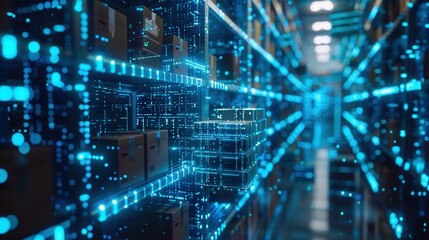 A glowing futuristic warehouse showcases automated data processing and online delivery.