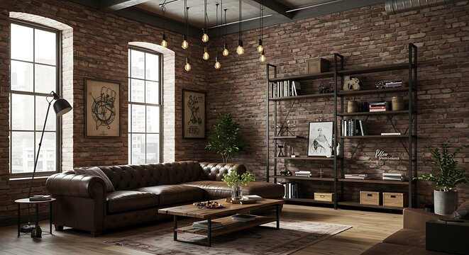 Industrial style living room with brick walls, sofa, and bookshelves