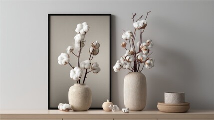 Simple, muted aesthetic, neutral color palette, cotton branches in vases