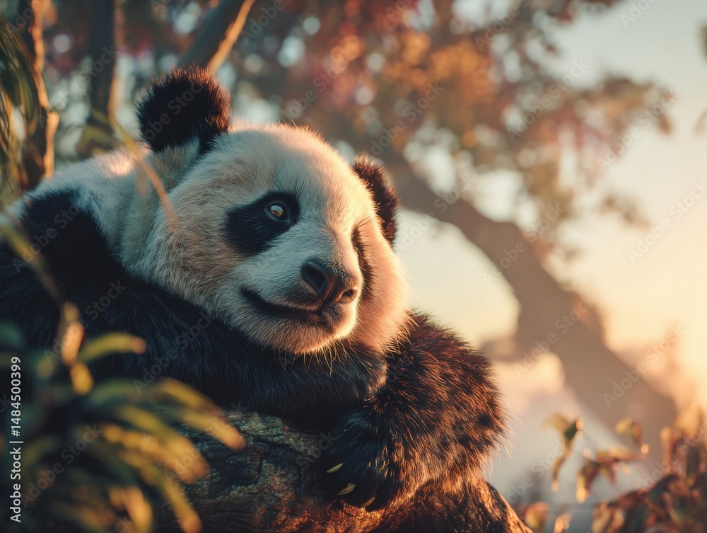 Aufkleber giant panda resting peacefully on a tree branch at sunset, representing wildlife conservation and pe