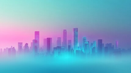 Fototapeta premium Minimalist Cyberpunk City Skyline at Sunset Glowing Cyan and Purple