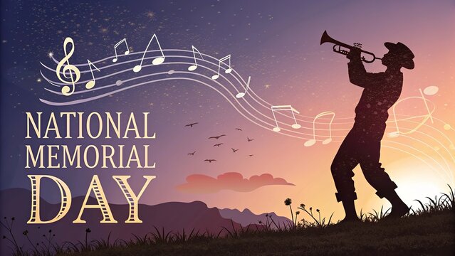 Silhouetted Bugler Playing Taps at Graveyard Memorial Sunset Scene.