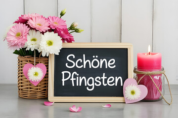 Festive pentacost greeting featuring floral arrangement candle and heart decorations in a rustic style with german text