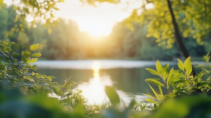 Fototapeta premium Lakeside sunset view with lush green foliage and glowing sun