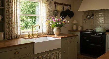Inviting country kitchen with fresh flowers and natural light shining in window