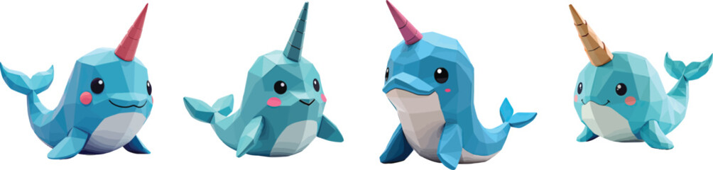 Cut Out Set of Low Poly Vector illustration Of Narwhal Plush Toy Isolated on Transparent or White Background.