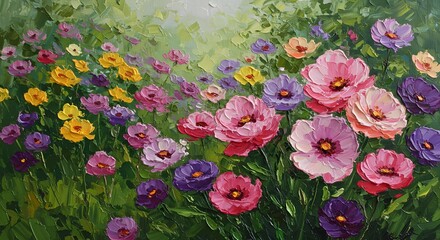 Vibrant Floral Meadow: An Impressionistic Oil Painting