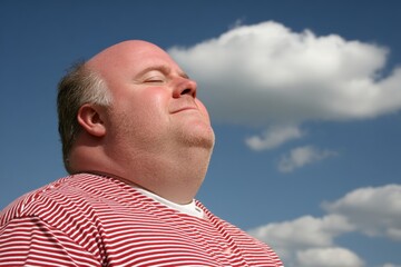 Obraz premium A man in a red striped shirt enjoys the sunshine outdoors, eyes closed, with a peaceful expression against a blue sky with clouds.