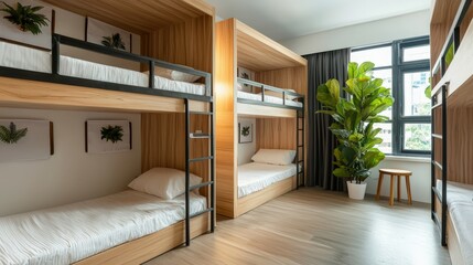 Trendy hostel dormitory provides budget travelers cozy bunk beds with a minimalist aesthetic and ample copy space for online advertising, showcasing udomsup style.