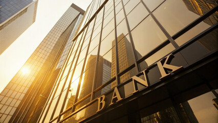 Fototapeta premium Modern central bank building with glass facade reflecting sunlight, symbolizing financial stability and economic power, banking and finance industry concept.