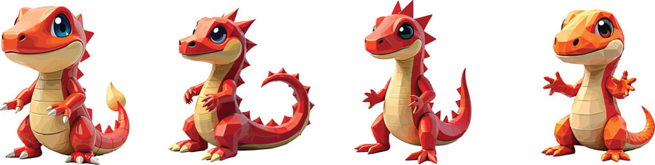 Set of 4 Cute Red and Orange Baby Dragon Cartoon Characters Vector