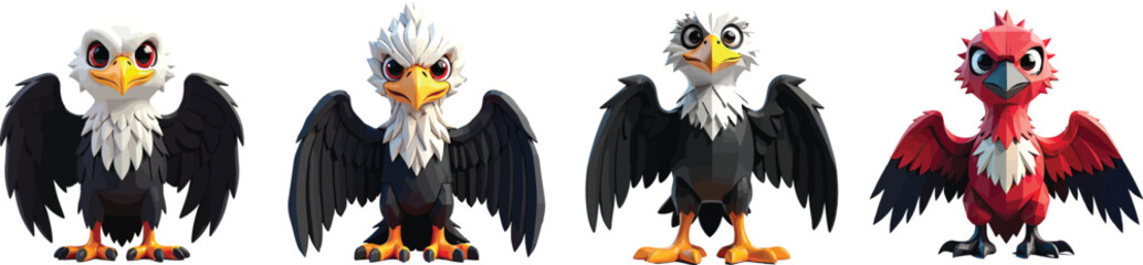 Cut Out Set of Low Poly Vector illustration Of Vulture Plush Toy Isolated on Transparent or White Background.