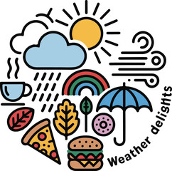 A colorful vector illustration showcases a set of hand-drawn weather icons featuring the sun, rain clouds, and an umbrella, designed with a cartoon art style
