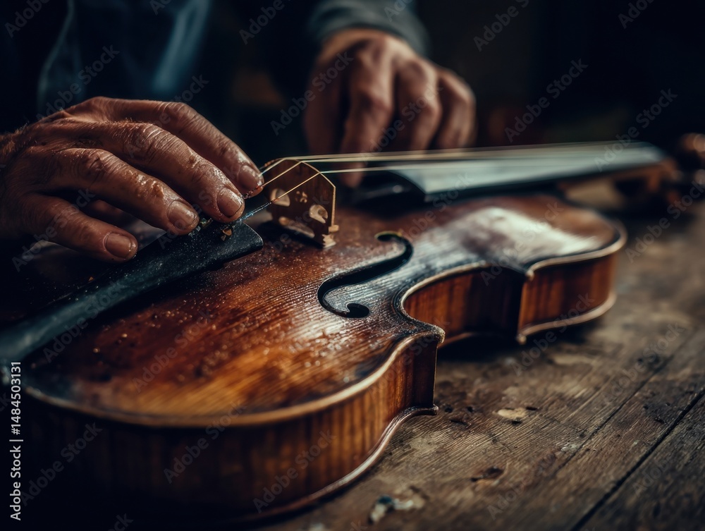 Poster close up of skilled hands working on a vintage violin in a rustic workshop setting, highlighting cra