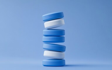 Stacked blue and white pills against a soft blue background minimalist pharmaceutical concept