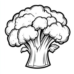 A black and white illustration of a fresh broccoli vegetable