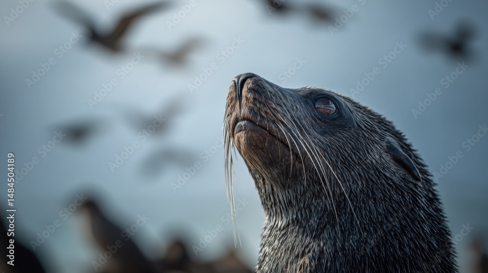 Poster close-up portrait of a seal looking upwards with blurry birds flying in the sky representing wildlif