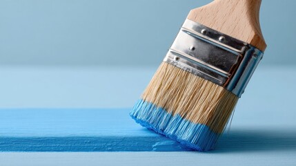Paintbrush applying light blue paint to a surface
