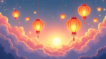 Fototapeta premium Flat-style illustration of glowing lanterns floating in a summer evening sky, perfect for festival-themed cards and posters.