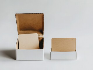 Two white boxes, one open revealing kraft cards