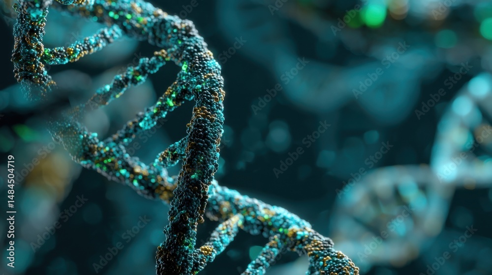 Poster close up view of a detailed dna double helix structure in an abstract scientific setting, representi