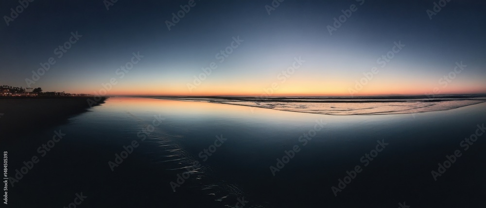 Aufkleber panoramic view of beach at dusk with ocean reflection, representing tranquility and coastal getaway 