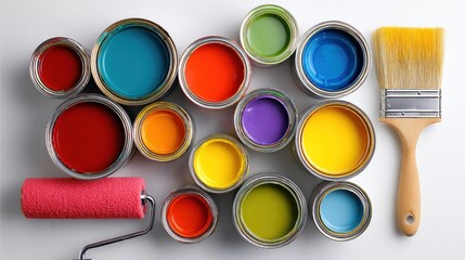 Colorful paint cans and painting tools arranged on a white surface