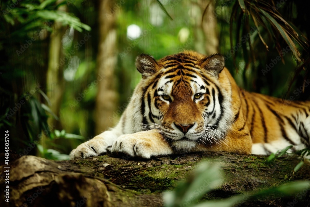 Poster majestic tiger resting on a log in lush jungle habitat, symbolizing wild nature and conservation eff