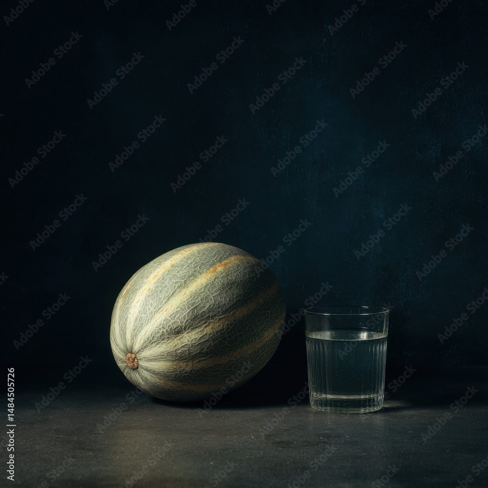 Aufkleber still life composition of a melon and glass of water on dark surface, evoking simplicity and healthy