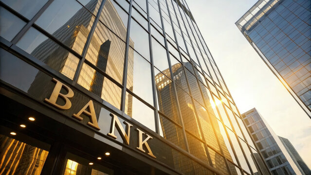 Modern central bank building with glass facade reflecting sunlight, symbolizing financial stability and economic power, banking and finance industry concept.