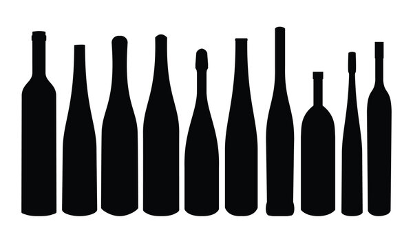 Set of tool icons and various wine and alcohol bottles in black silhouette style