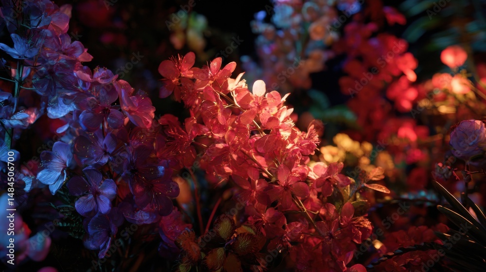 Poster close-up of vibrant illuminated flowers in deep red and blue hues against a dark background, evoking