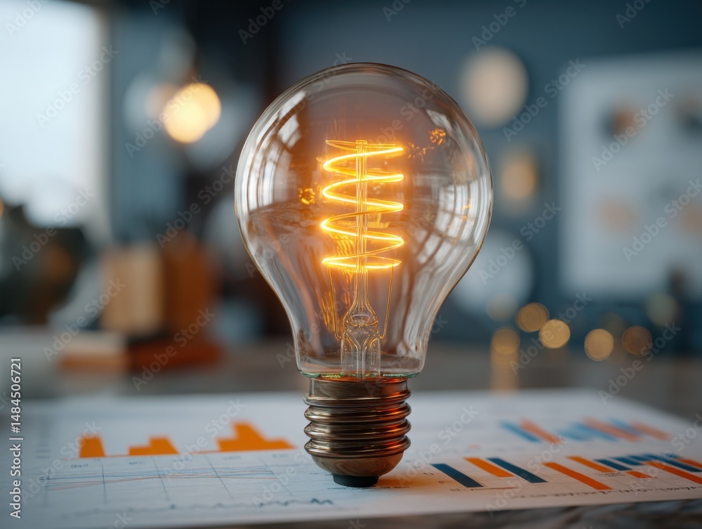 Leinwandbilder Close-Up Of A Glowing Vintage-Style Light Bulb Sitting On A Document Displaying Charts And Graphs Symbolizing Business Strategy Innovation And Data Analysis For Financial Planning : Generative AI