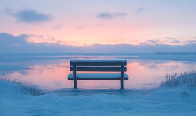 serene snowy bench overlooking a frozen lake with soft pastel skies reflecting in the ice, Generative AI