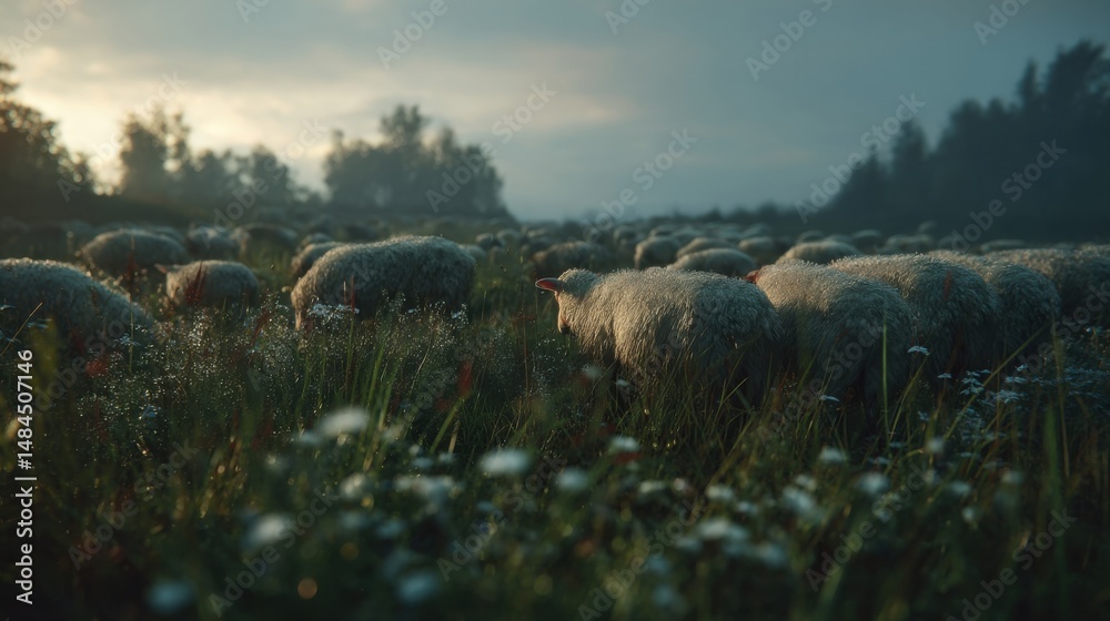 Poster flock of sheep grazing in a meadow at dawn, evoking pastoral tranquility and sustainable farming pra