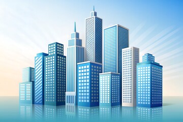 Blue and white building exteriors rise with a sleek reflection against a sunny sky backdrop