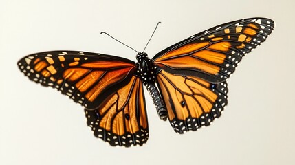 Fototapeta premium Monarch butterfly in flight wings spread wide with detailed veins and vibrant colors high resolution photography on a white background overlay cut out on isolated transparent removed background
