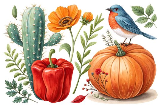 Blue bird rests atop an orange pumpkin amidst a bright and colorful plant arrangement