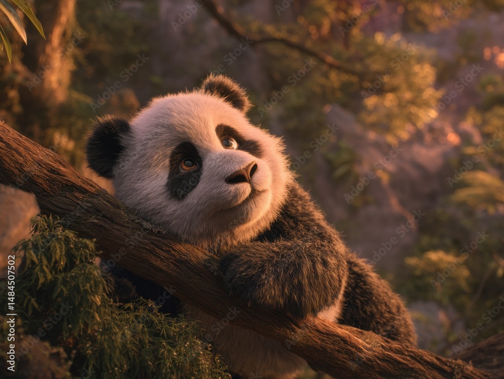 Poster adorable baby panda cub resting on a tree branch in lush forest, looking up curiously representing w