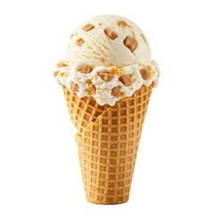 Delicious ice cream cone with caramel chunks against a clean white background