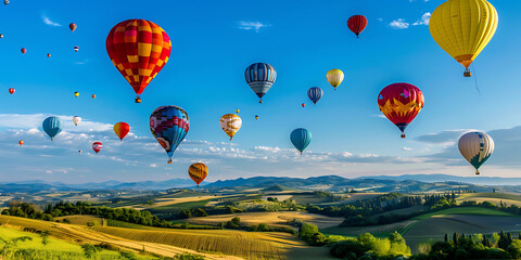 Obraz premium Colorful Array of Hot Air Balloons Floating Above Lush Green Fields and Rolling Hills