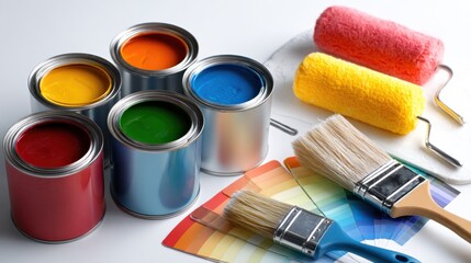 Colorful paint cans, rollers, and brushes for home improvement