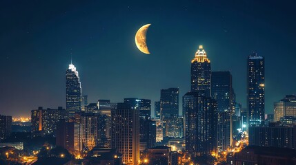 City skyline illuminated by moonlight at night.