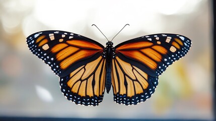 Fototapeta premium Monarch butterfly in soft focus elegant bokeh effect enhancing natural beauty warm orange tones and fine details bright white background overlay cut out on isolated transparent removed background