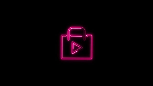 glowing neon play icon animation black background. 4K Video motion graphic animation.