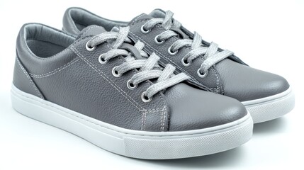 Gray leather lace-up sneakers on a white background