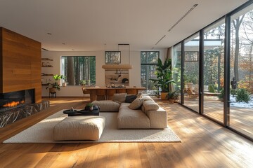 Modern home interior with expansive view of nature.