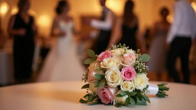 Wedding bouquet on the table in the Banquet hall. Guests dance in the background in blurred out of focus.