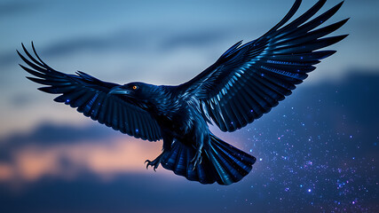 Fototapeta premium Majestic Black Raven in Flight at Twilight